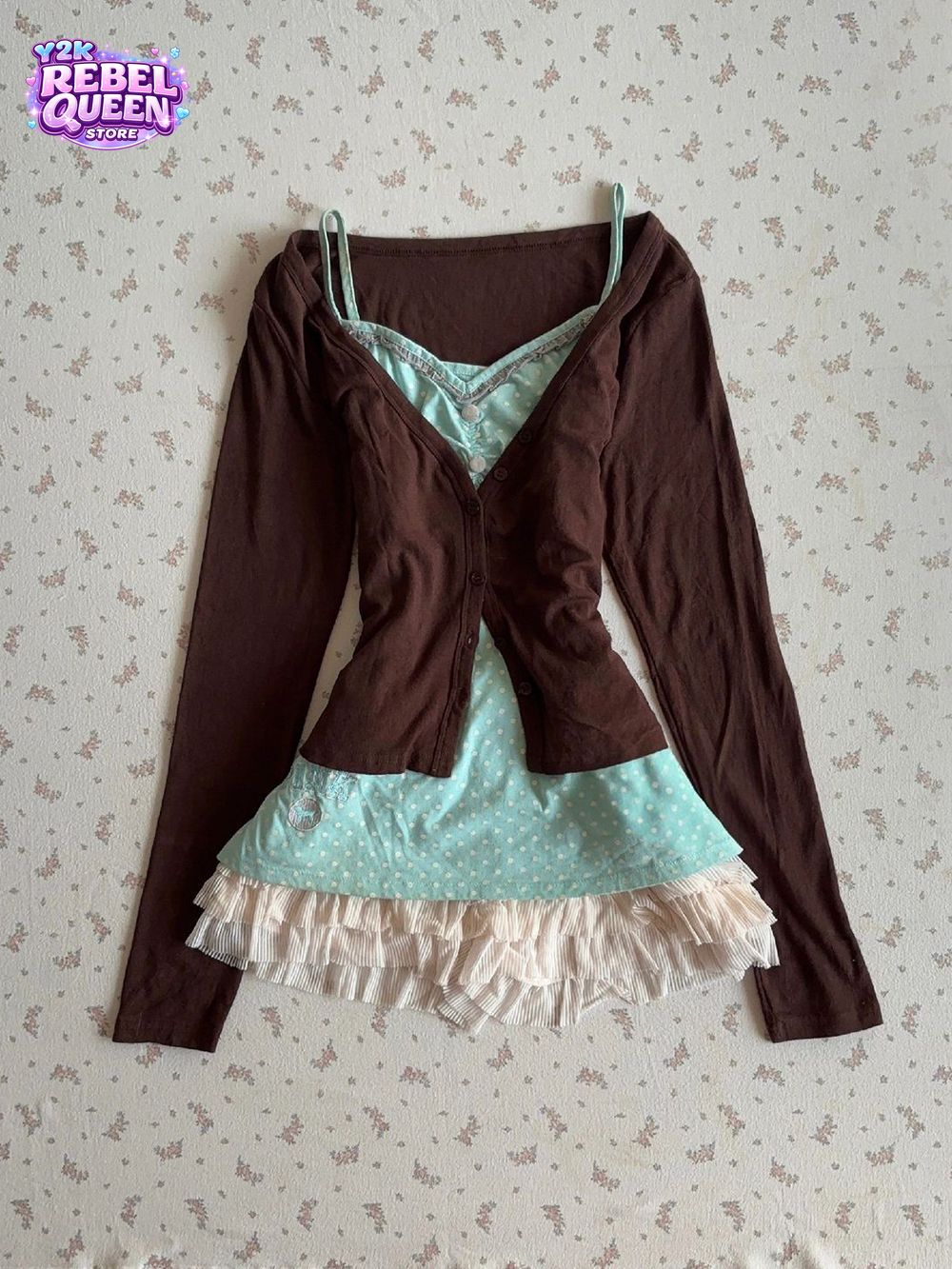 Crop Cardigan Vintage - Винтажный комплект в стиле Y2K: платье-комбинация